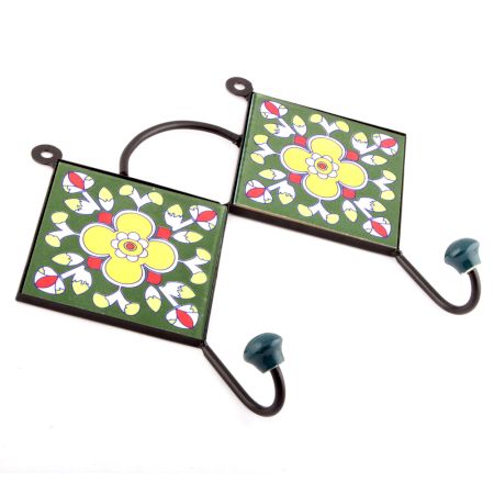 Forest Green And Yellow Ceramic Flower Tiles Hooks